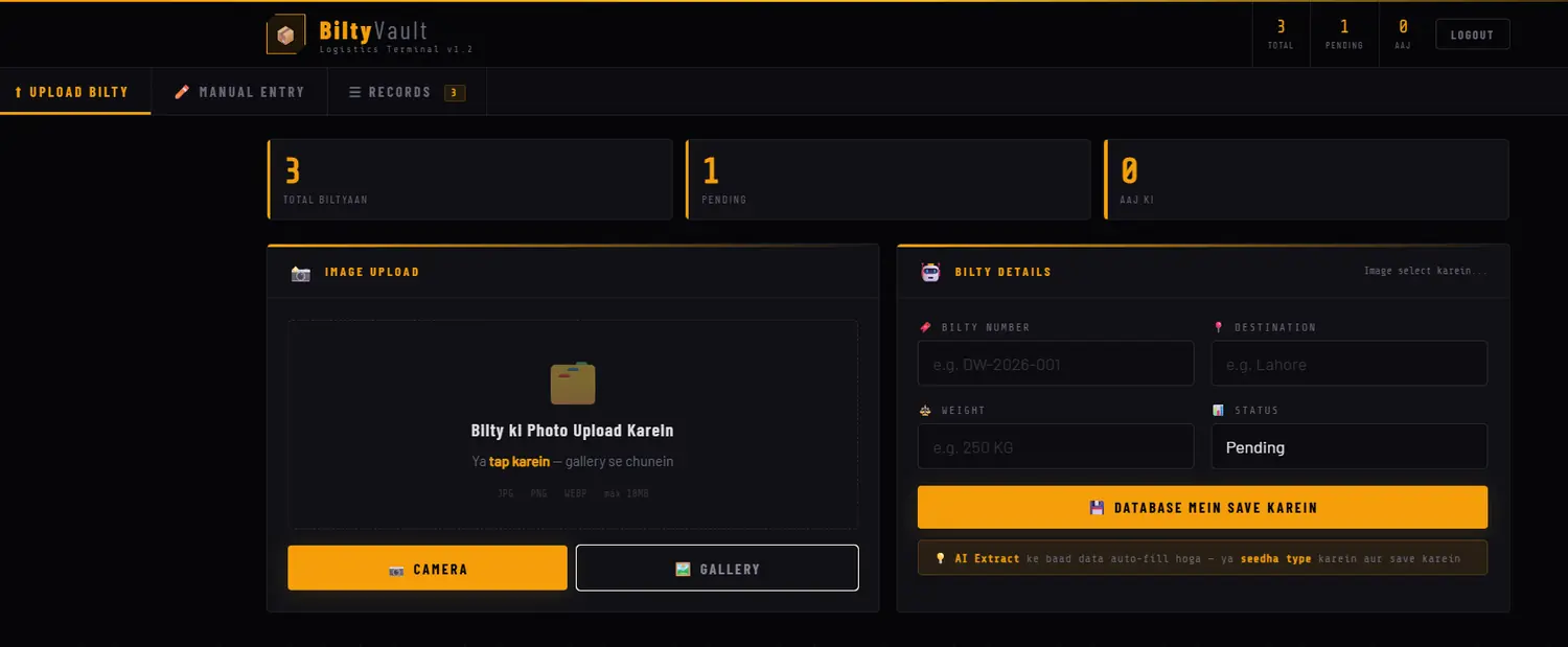 BiltyVault upload screen with the bilty details form