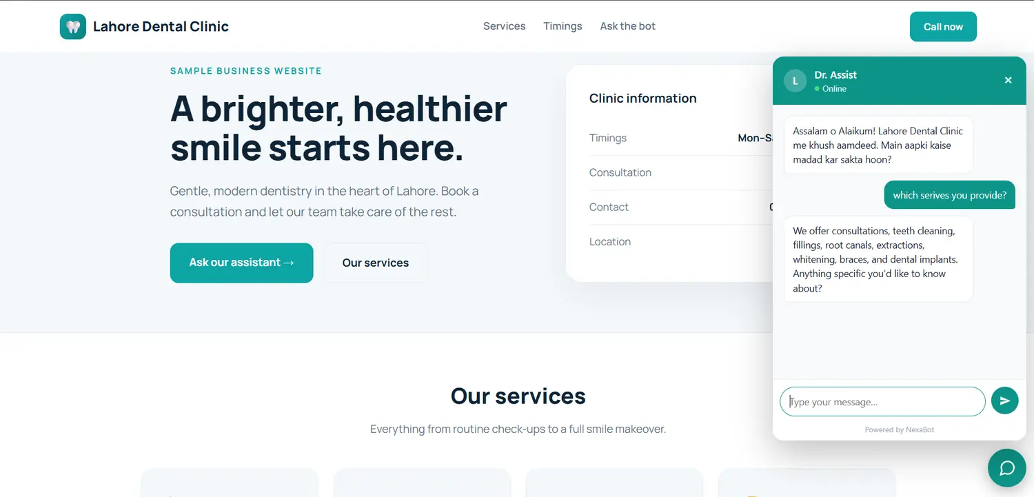 NexaBot chatbot answering a question on a sample clinic site